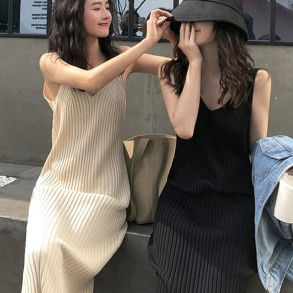 Knit Spaghetti-Strap Dress  - Picture 2 of 9